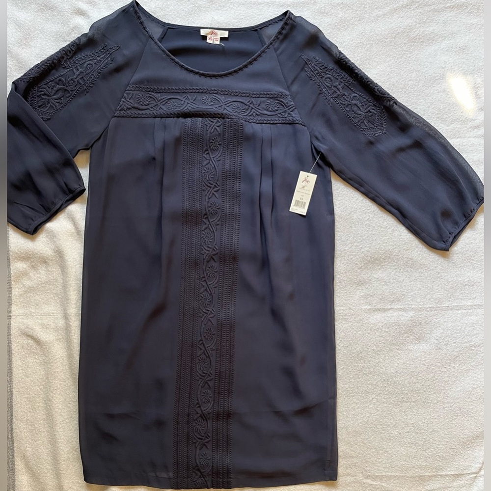 NWT - Women’s Joia Vintage 100% Silk Dress with Embroidered Detail in Navy